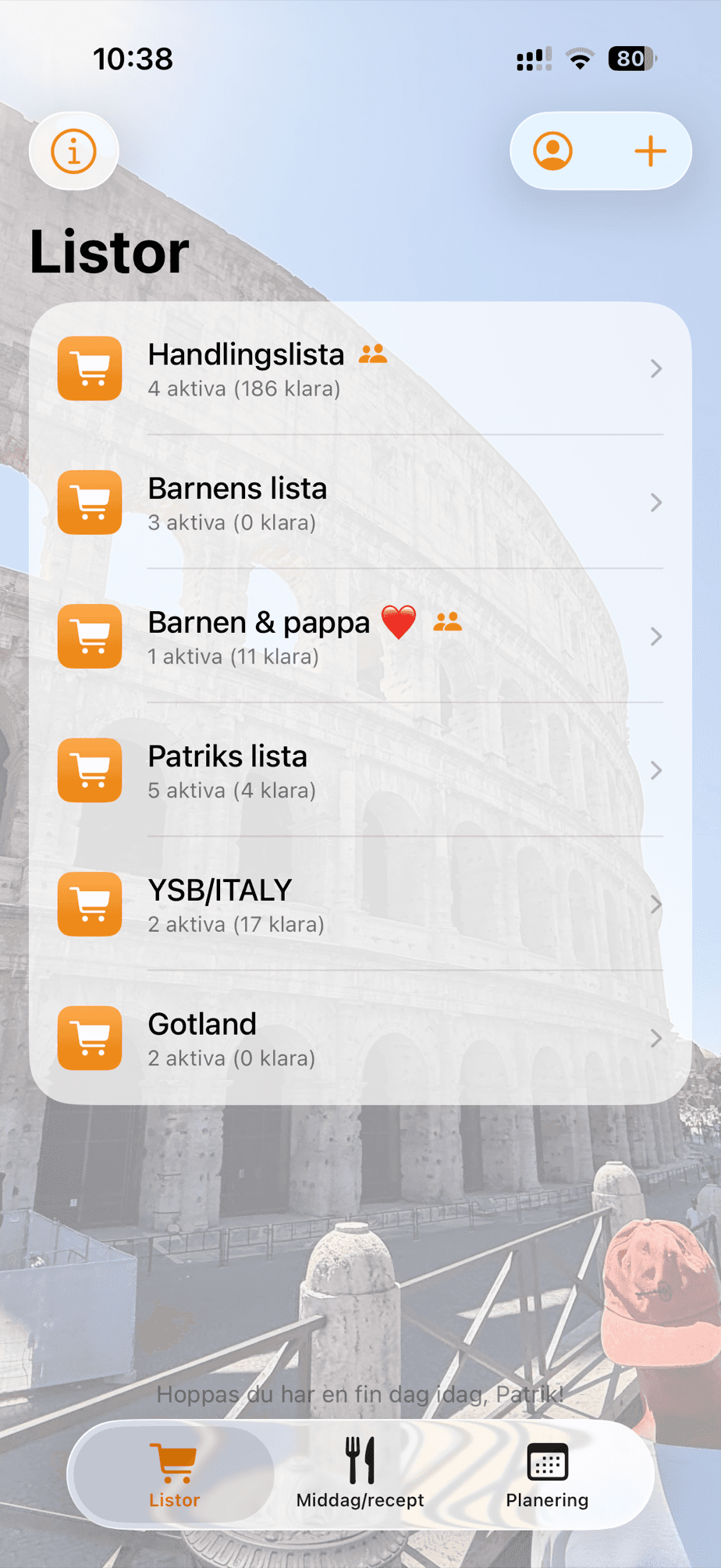 Listvy med egen bakgrundsbild och det orange färgtemat