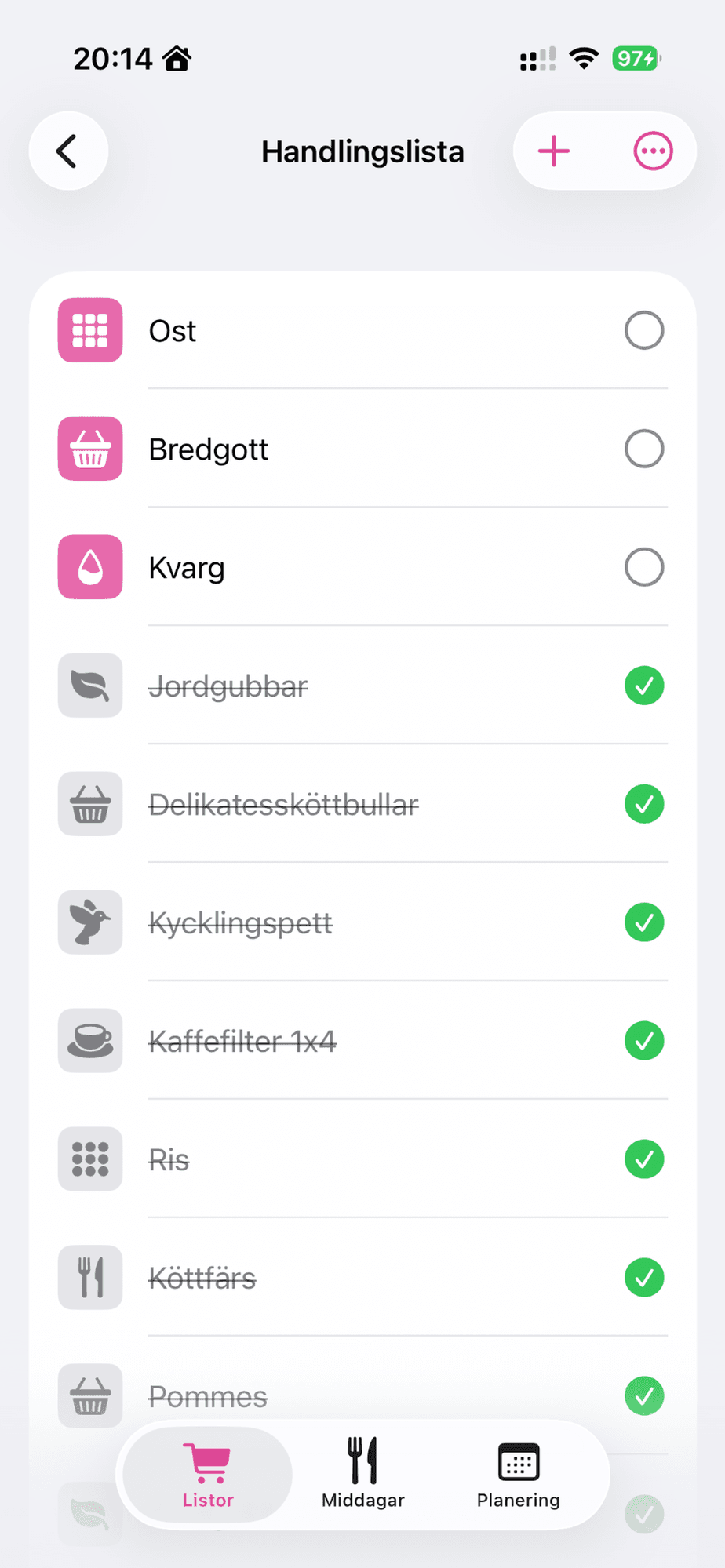 Handlingslista i det rosa färgtemat