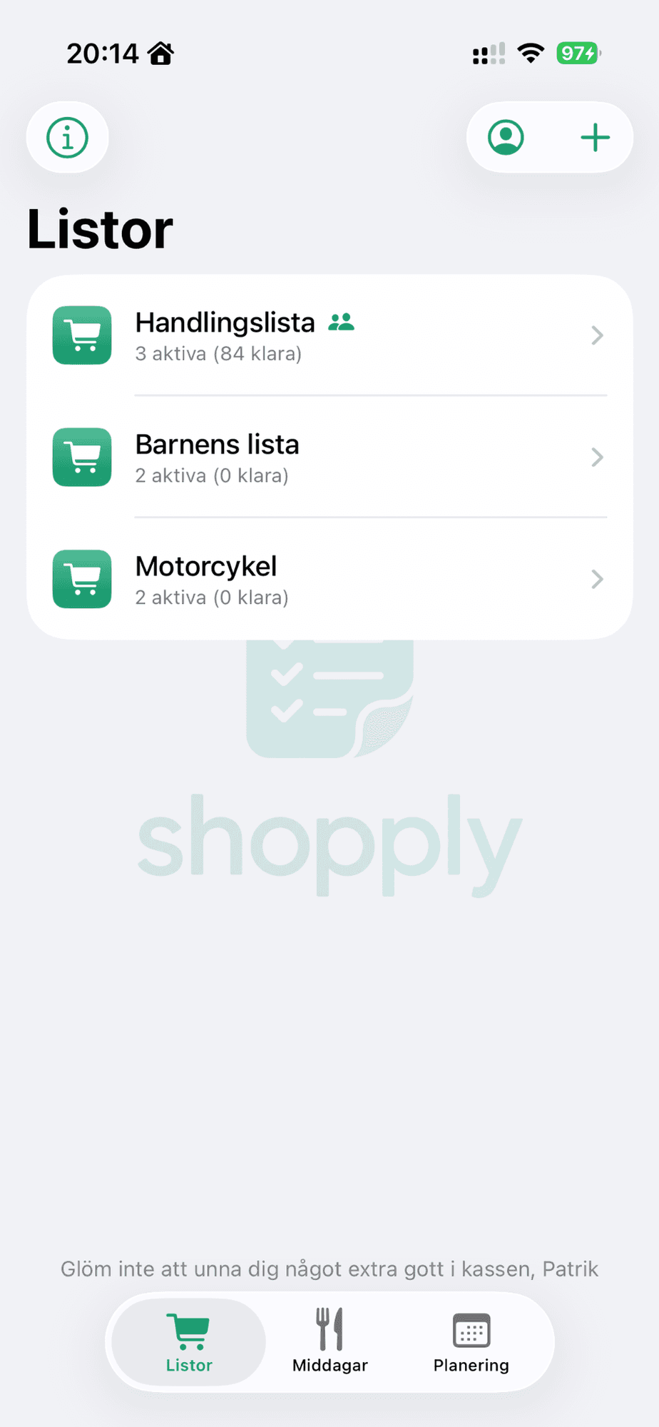 Skärmbild av Shopplys listvy med handlingslista, barnens lista och motorcykel