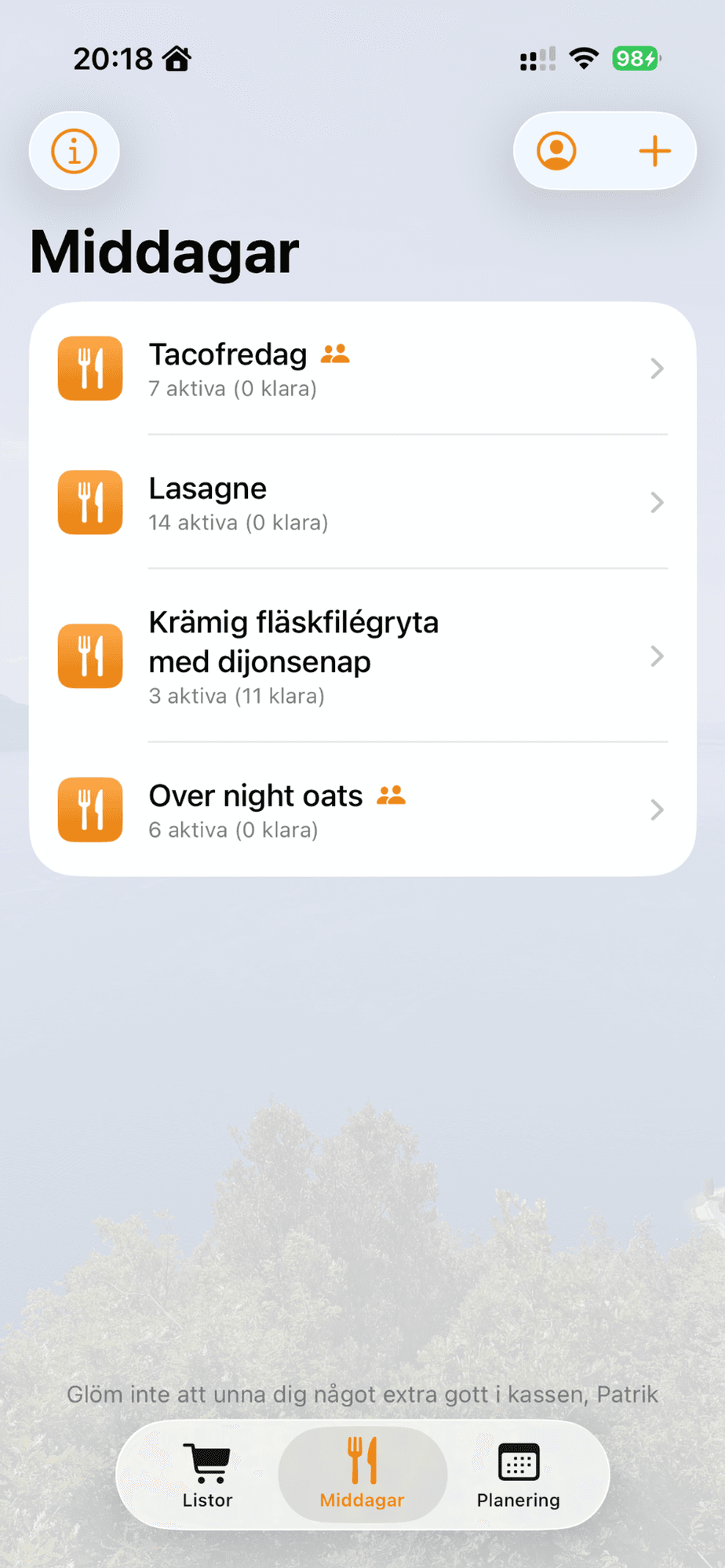 Skärmbild av Shopplys middagar-vy med sparade favoritmiddagar