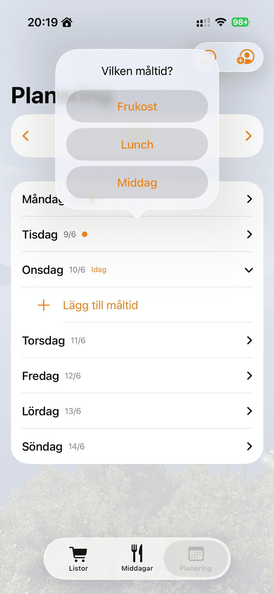 Val av måltidstyp: frukost, lunch eller middag