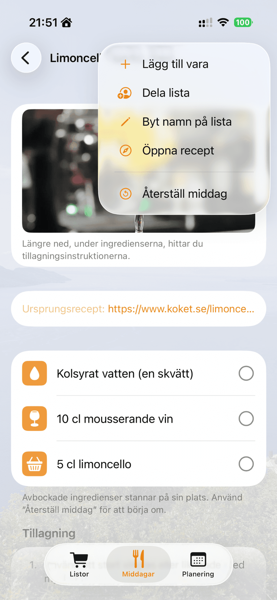 Meny för en middag med val som Återställ middag och Dela lista