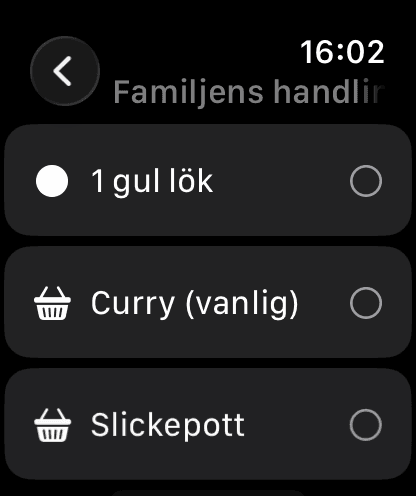 En handlingslista på Apple Watch med några avbockade varor