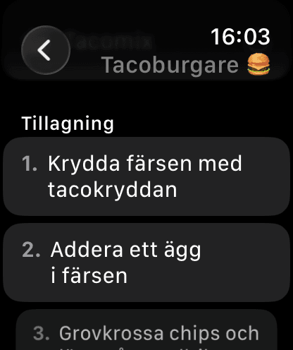 Tillagningsinstruktioner för Tacoburgare steg för steg på Apple Watch