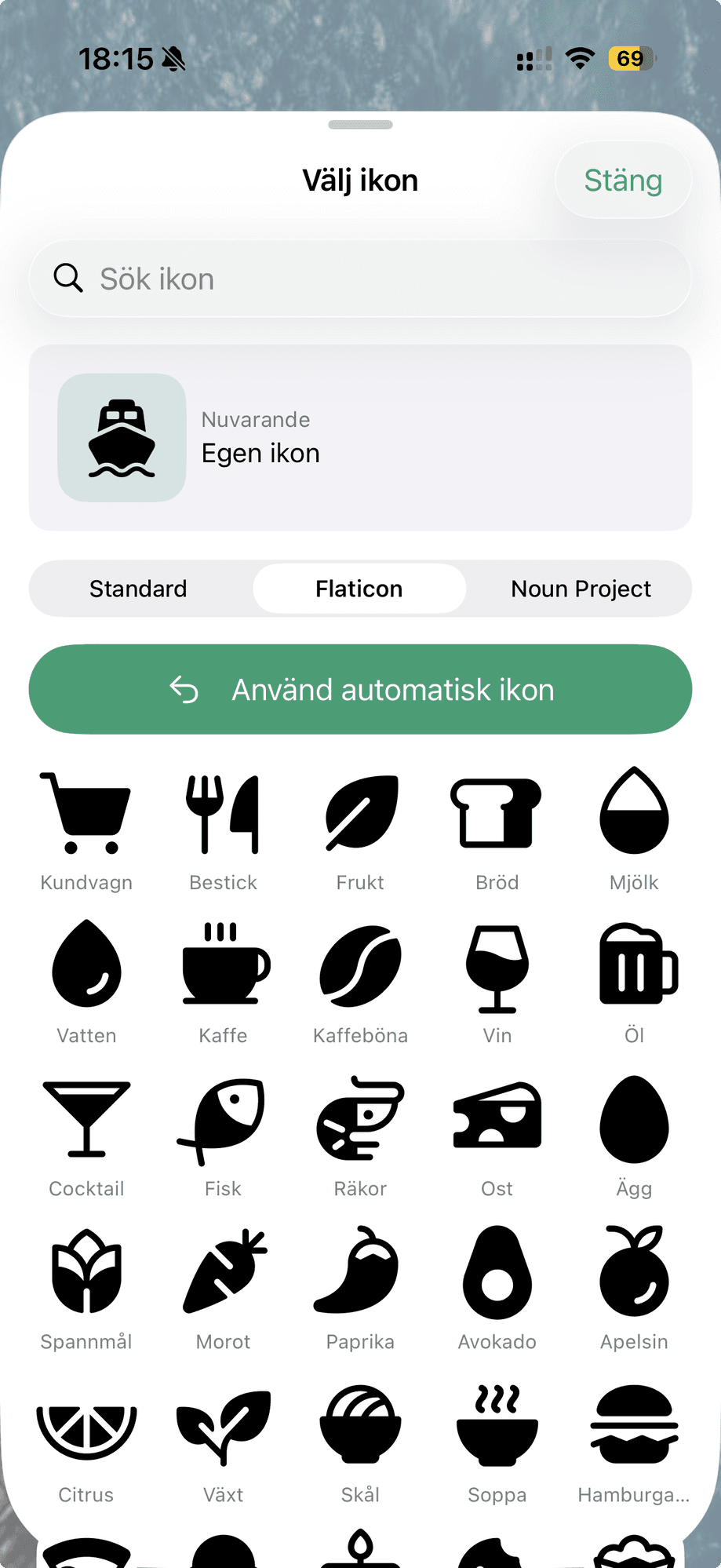 Ikonväljaren med sökfält och ikon-rutnät