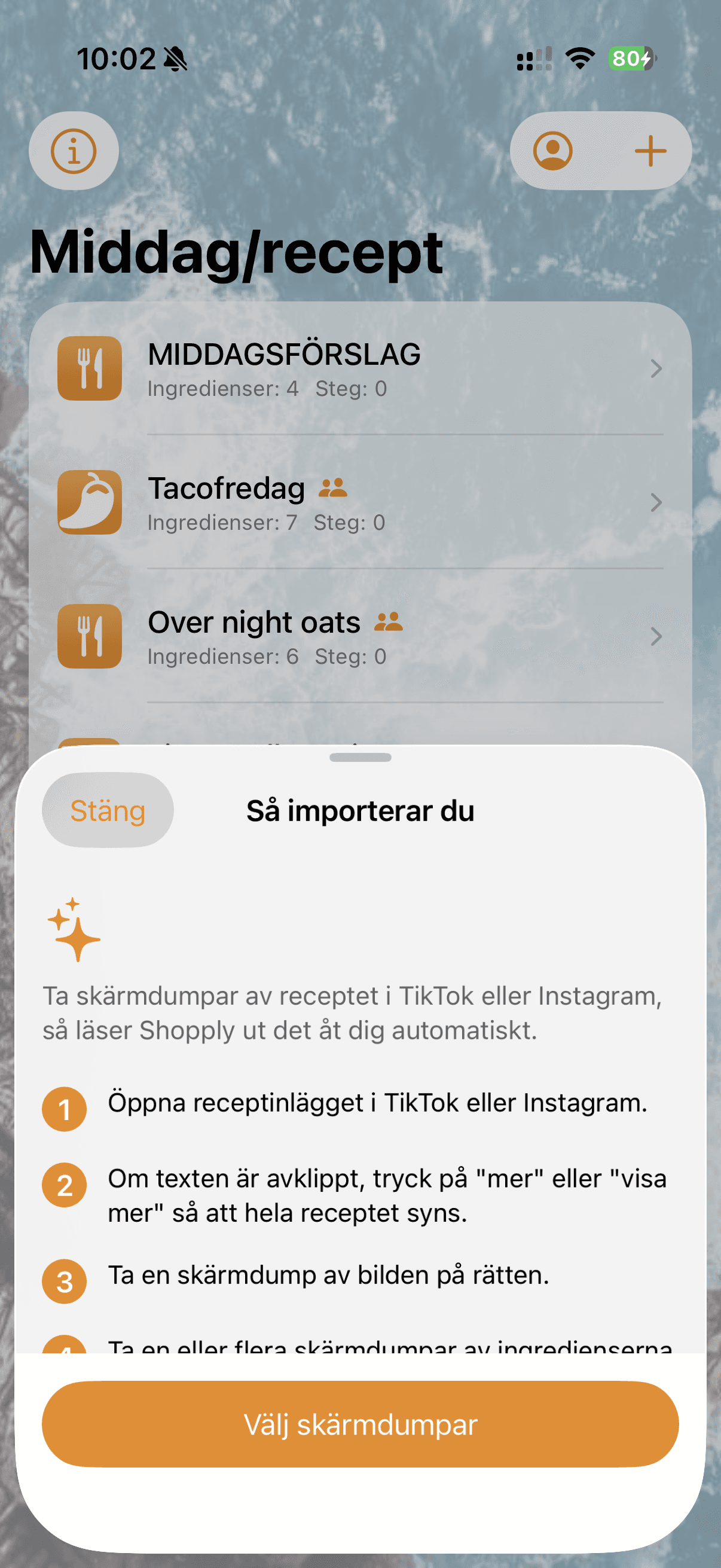 Guide för att importera recept från en TikTok- eller Instagram-skärmdump